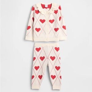 NWT Gap Baby Hearts Ruffle Collar Cardigan Pants set 3-6 months red white